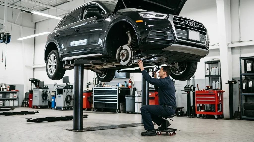 Automotive technician conducting a routine maintenance inspection on an Audi Q5 SUV