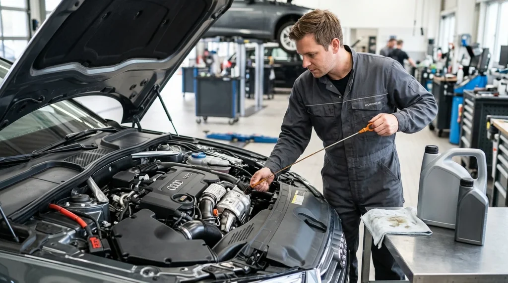 How Many Miles Can an Audi Last? 4 Detailed inspection of an Audi engine bay during a scheduled 5,000 mile synthetic oil change