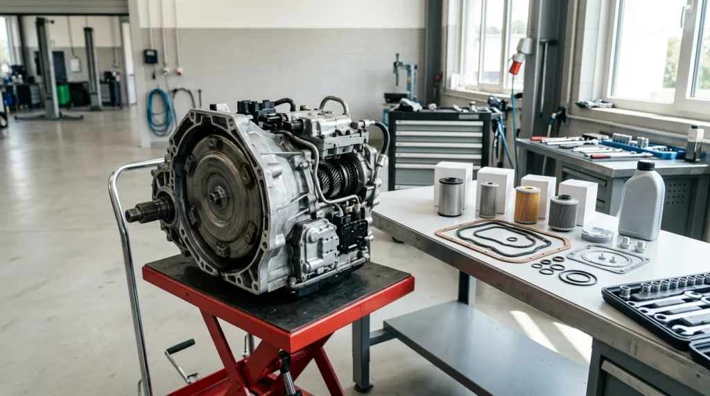 How Many Miles Can an Audi Last? 5 Audi dual clutch transmission servicing components and filters prepared for preventative maintenance