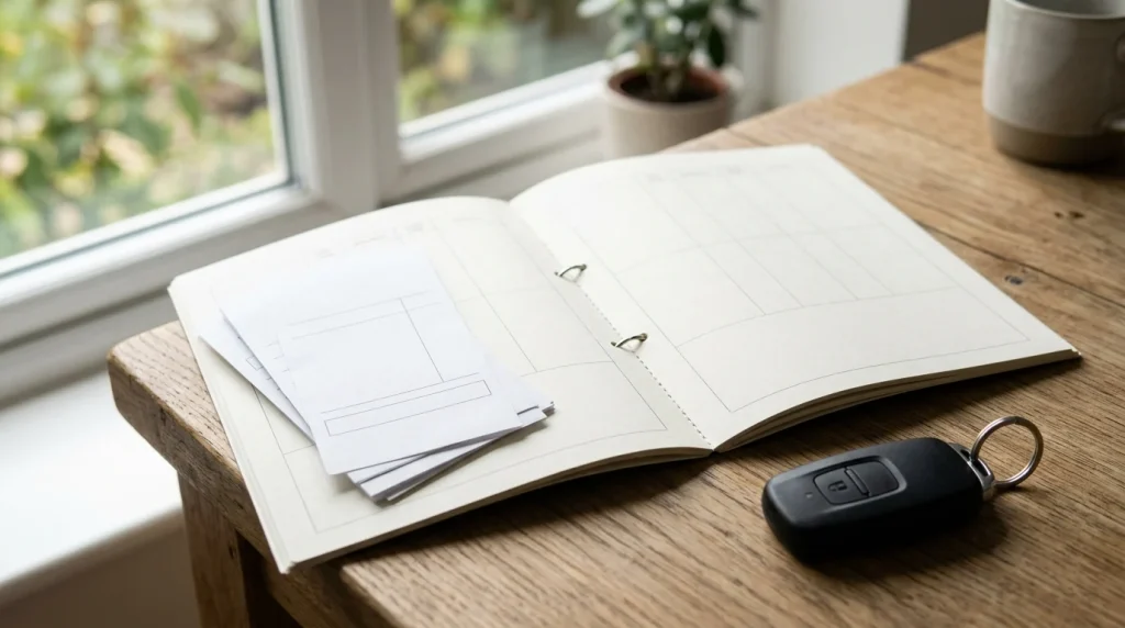An organized vehicle maintenance log booklet and service records displayed next to a car key fob.