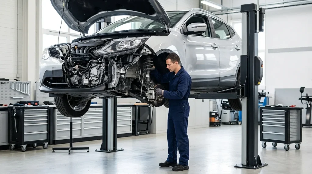 A professional mechanic performing a thorough pre-purchase undercarriage inspection on a used vehicle in a service garage.