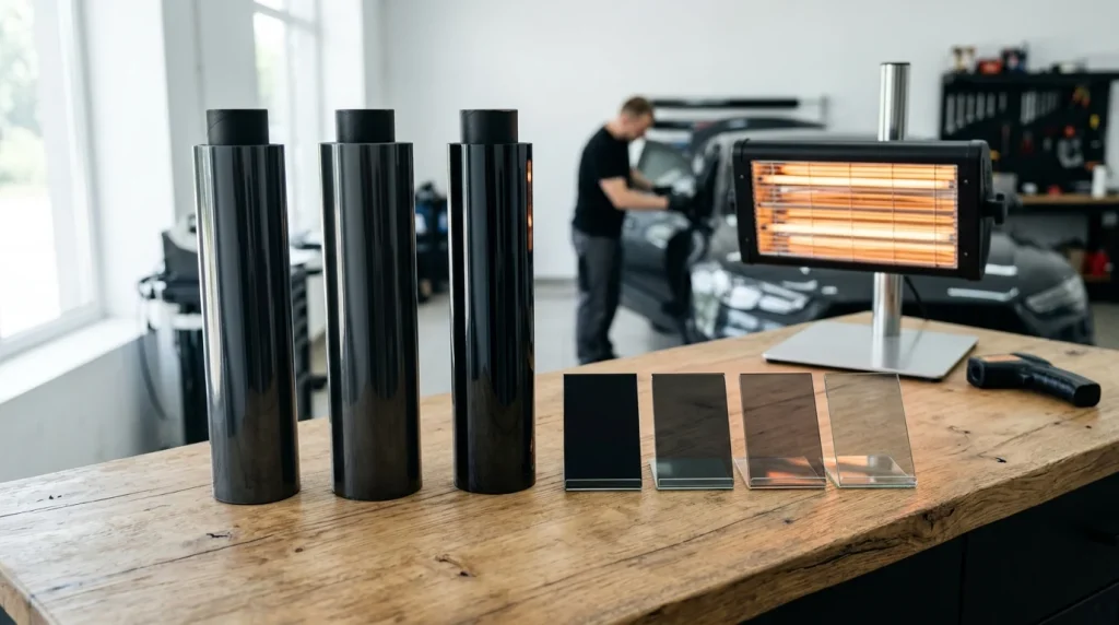Car window tinting film sample rolls and VLT darkness swatches displayed on a showroom counter for cost and performance comparison.