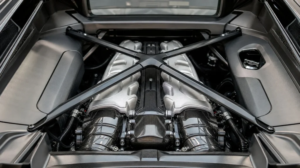 Detailed view of the naturally aspirated 5.2-liter V10 engine inside the Audi R8 engine bay.