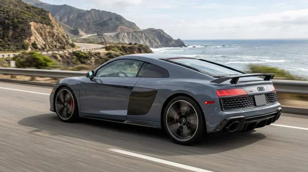 Daytona Grey Audi R8 V10 Performance quattro driving on a coastal road featuring its wide stance and quattro badging.