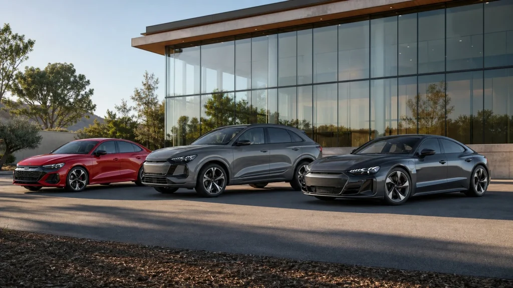 Lineup of 2026 Audi A3 sedan, Q5 SUV, and e-tron GT electric car parked outside a modern glass showroom.