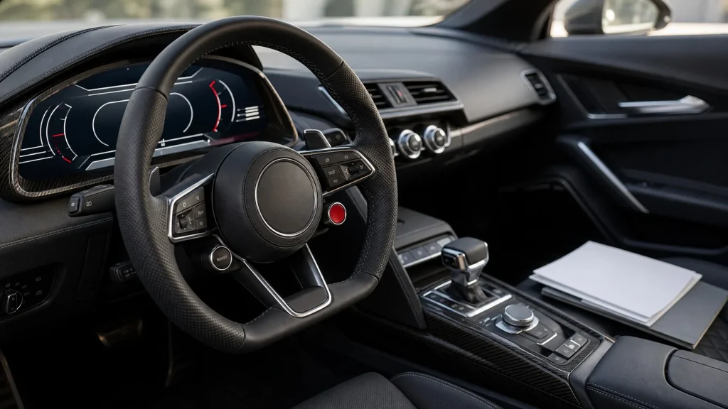 Interior cockpit of an Audi R8 showing virtual cockpit display and window sticker pricing paper.