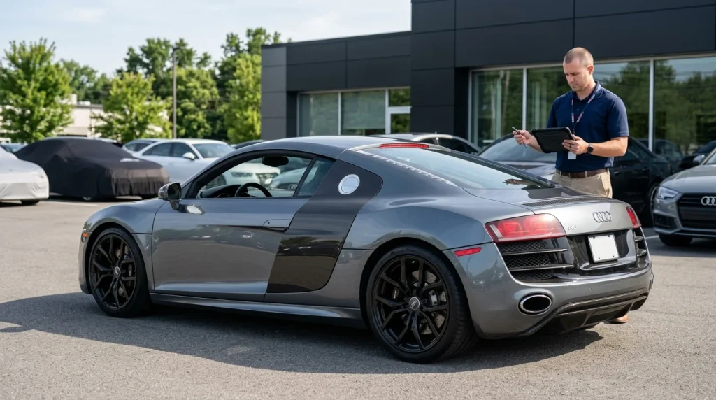 Pre-owned first-generation Audi R8 undergoing a used car appraisal inspection.