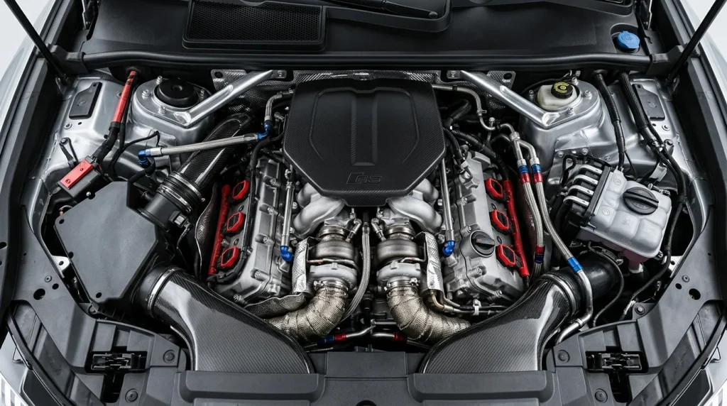 What Audi Has the Most Horsepower? 2026 Performance Rankings 4 Detailed overhead view of the 631-horsepower 4.0-liter twin-turbo V8 engine in an Audi RS Q8 performance.