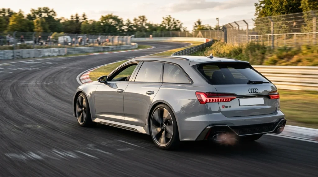 What Audi Has the Most Horsepower? 2026 Performance Rankings 5 An Audi RS 6 Avant performance wagon cornering on a racetrack highlighting its wide body and performance wheels.
