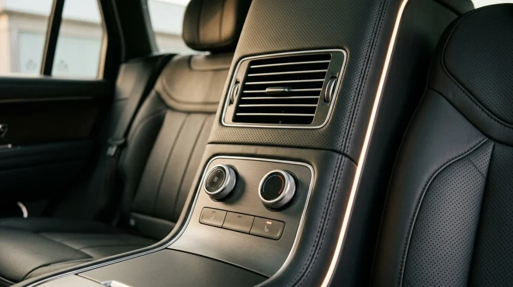 Rear passenger digital climate control panel and pillar air vents in a luxury SUV