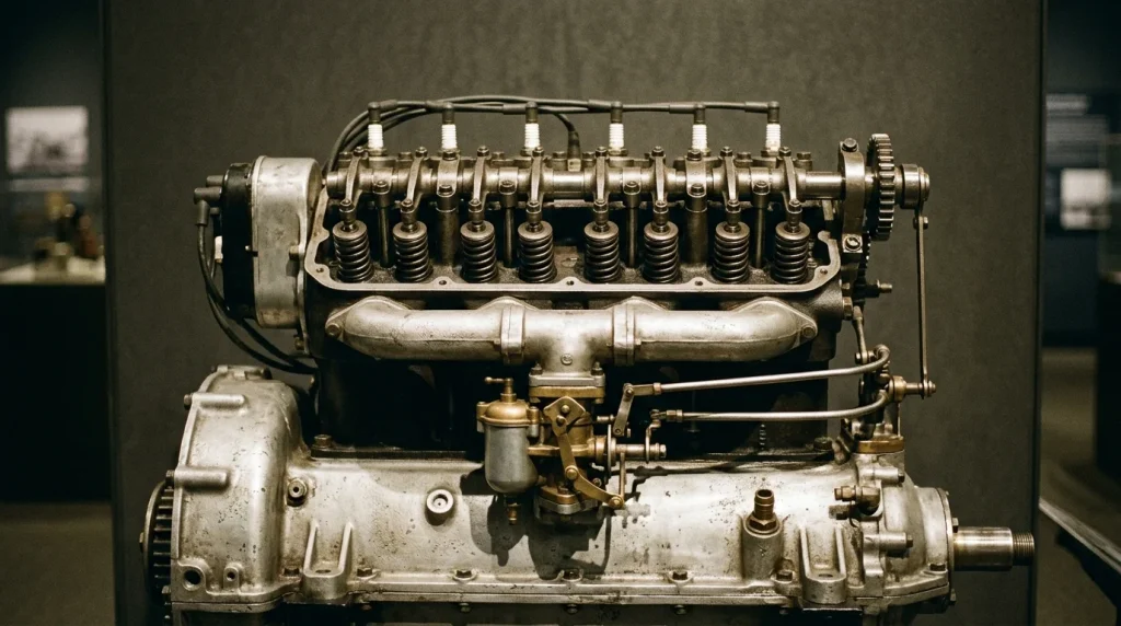 Restored six-cylinder BMW IIIa aircraft engine showcasing early aviation engineering before automotive production