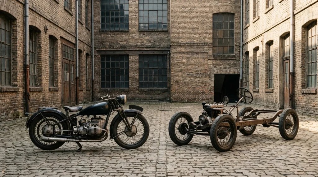 A 1923 BMW R32 motorcycle next to a 1928 Dixi automobile chassis illustrating the transition to vehicle manufacturing
