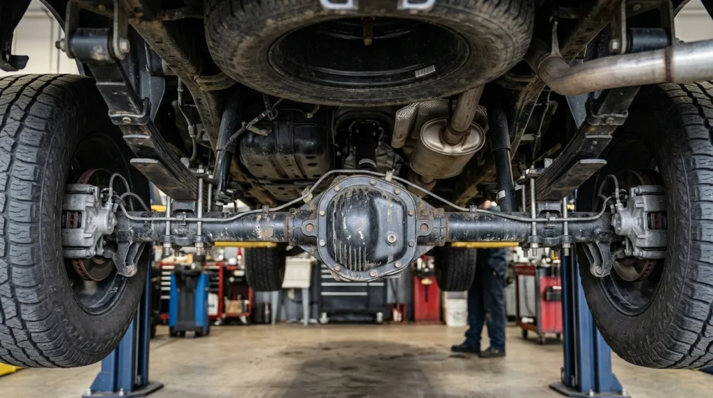 What Does 4x2 Mean on a Truck? 2026 Drivetrain Guide 4 Technical underside view of a 4x2 truck rear axle differential and single driveshaft power delivery system