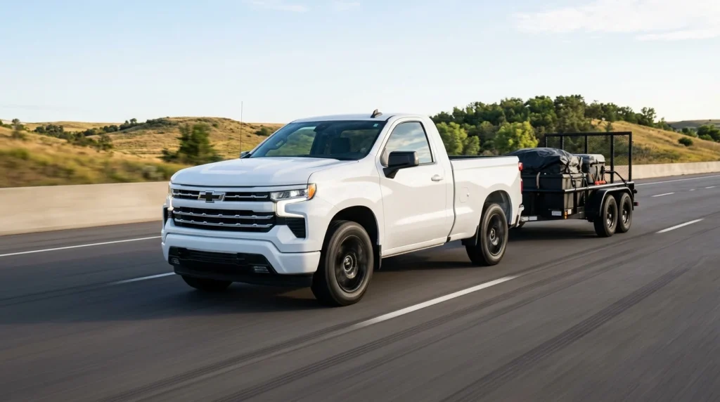 What Does 4x2 Mean on a Truck? 2026 Drivetrain Guide 5 A white 4x2 pickup truck towing a cargo trailer on a paved highway demonstrating optimal payload dynamics