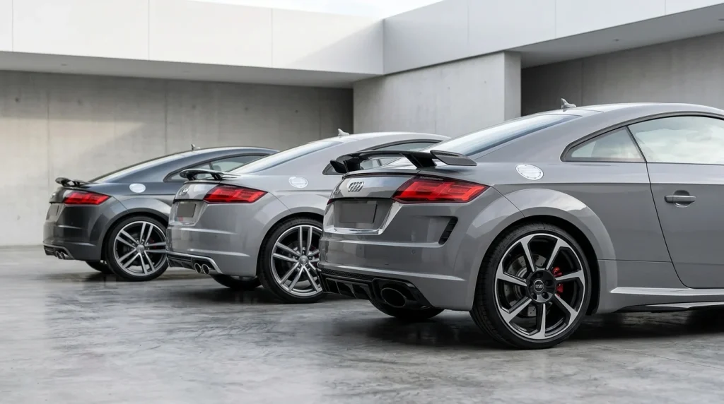Side profile lineup of Audi TT, TTS, and TTRS models illustrating the performance badge hierarchy.
