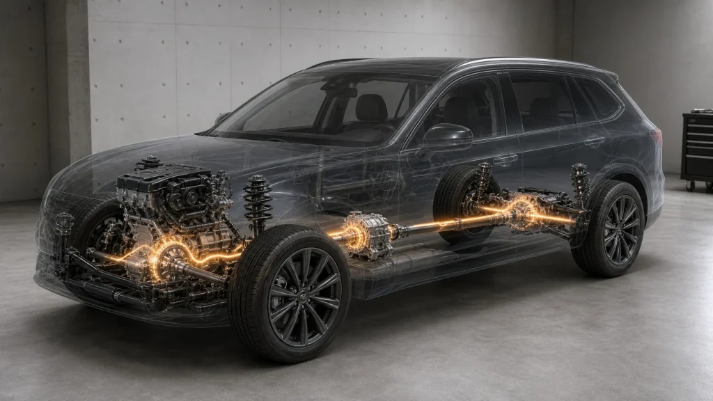 What Does Quattro Audi Mean? AWD, 4WD, and Cost Explained 2 Technical diagram showing how an all-wheel-drive central differential balances power between front and rear axles