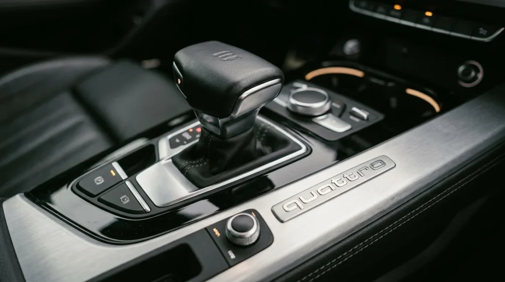 What Does Quattro Audi Mean? AWD, 4WD, and Cost Explained 3 Close-up of the quattro emblem on an Audi interior gear selector console