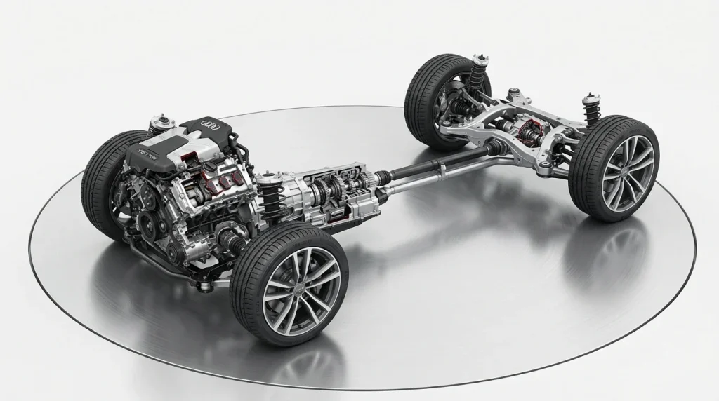Technical cutaway diagram illustrating the Audi quattro all-wheel-drive center differential and driveshaft power distribution