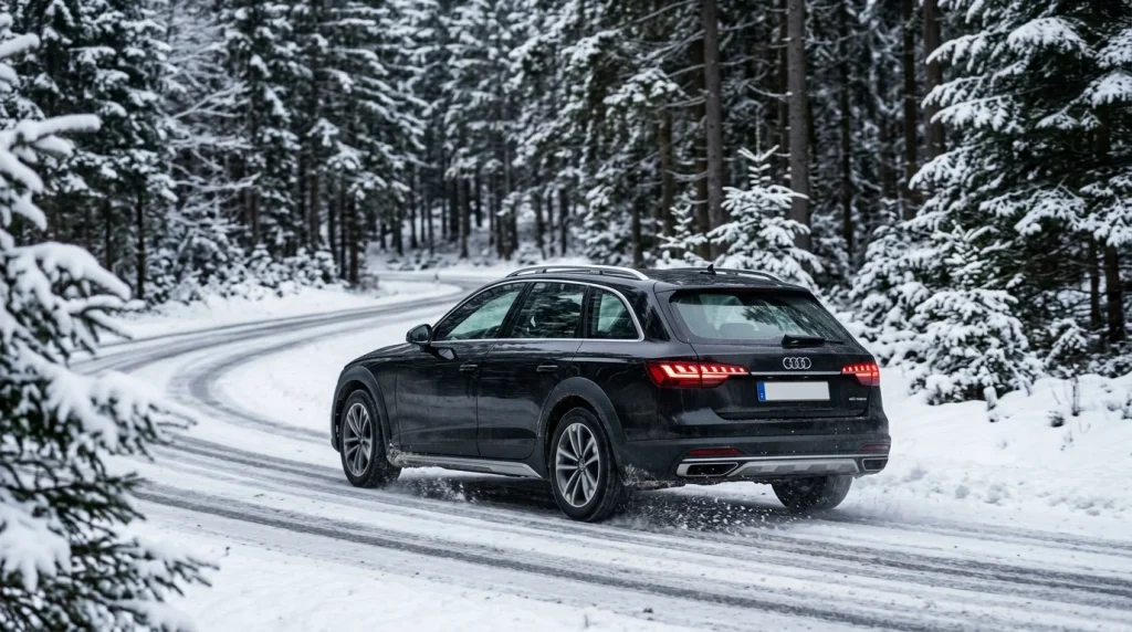 Audi A4 allroad wagon equipped with quattro all-wheel drive driving on a snow-dusted forest road