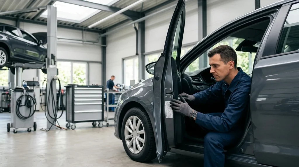 Automotive technician reading the vehicle tire information placard on the driver door jamb