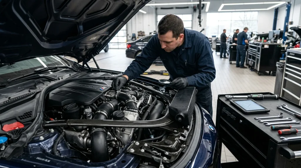 What Engine Does a BMW M4 Have? S58 Specs Explained 5 Close-up inspection of the Double-VANOS variable valve timing system and cooling components on a BMW M4 engine