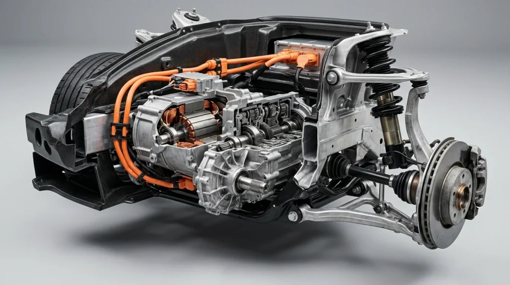 What Engine Does the BMW i8 Have? Hybrid Specs Explained 5 Front electric motor assembly and high-voltage power components in the BMW i8 hybrid powertrain