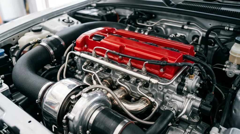 What Gas Does the Civic Type R Take? 2026 Guide to Optimal Octane 4 Detailed view of the 2.0L turbocharged K20C1 engine bay in a Honda Civic Type R showing fuel injection and turbo components.