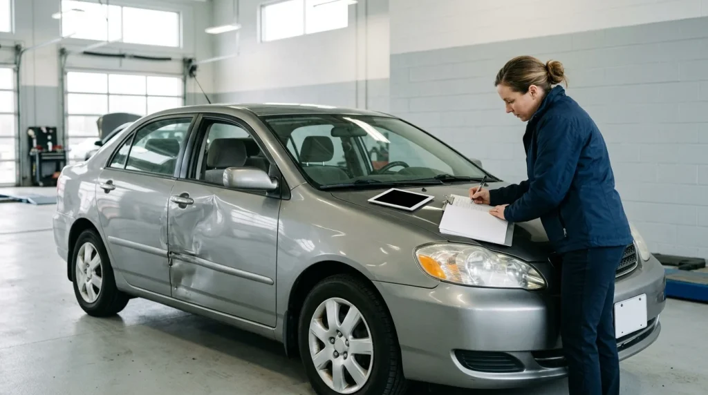 An insurance adjuster assessing a totaled vehicle repair estimate and total loss valuation clipboard in an appraisal bay.