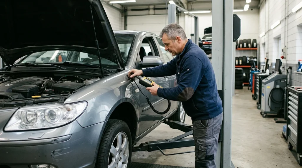 A certified technician conducting a state safety inspection on a repaired totaled car to qualify for a rebuilt title.