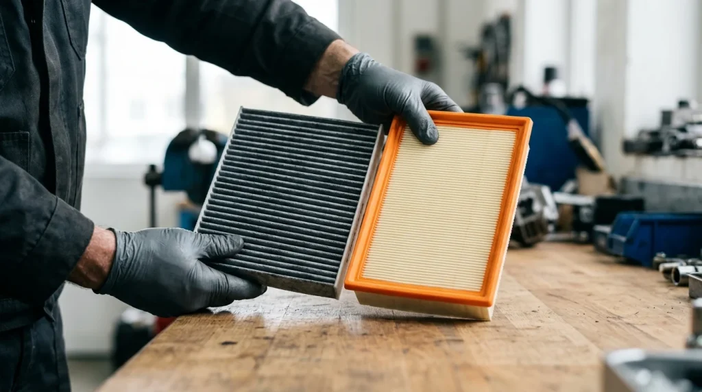 Comparison of a dark activated carbon BMW cabin microfilter and a rectangular engine air filter on a workbench