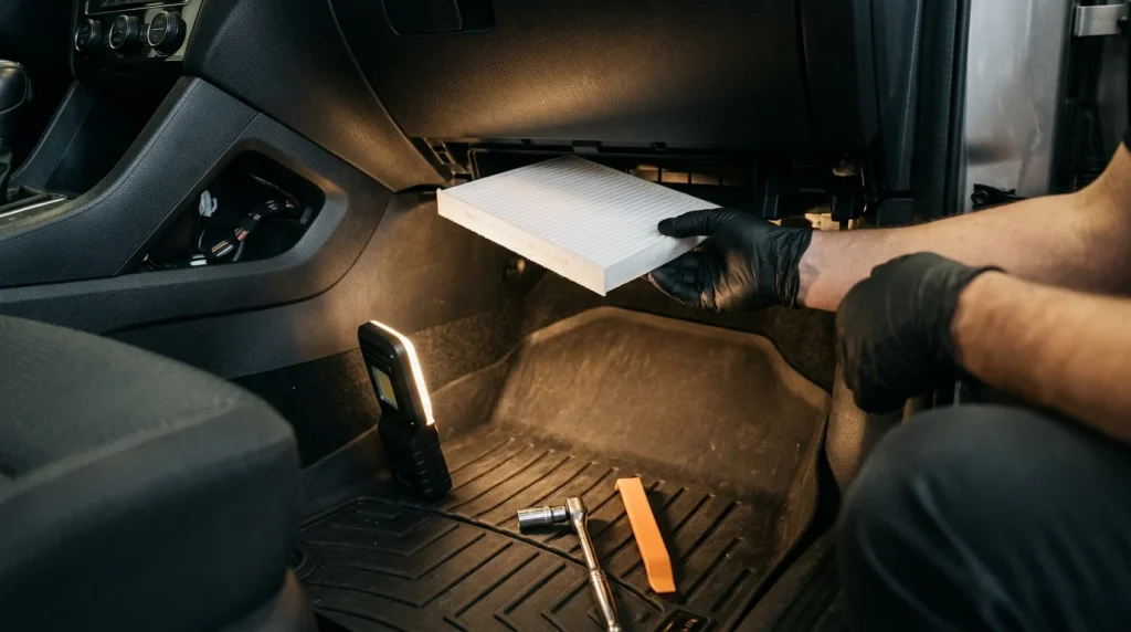 Installing a replacement cabin microfilter into the passenger footwell housing of a BMW