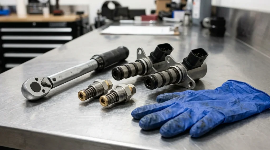 Close-up view of BMW VANOS electromagnetic control solenoids and check valves on a workshop bench