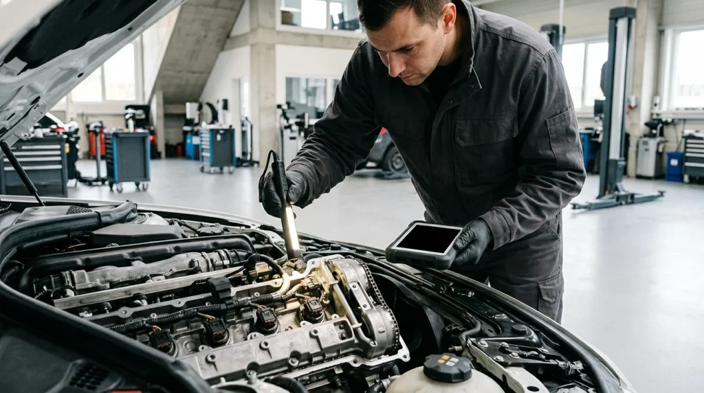 Automotive technician diagnosing BMW VANOS solenoid connections and fault codes with an OBD scanner