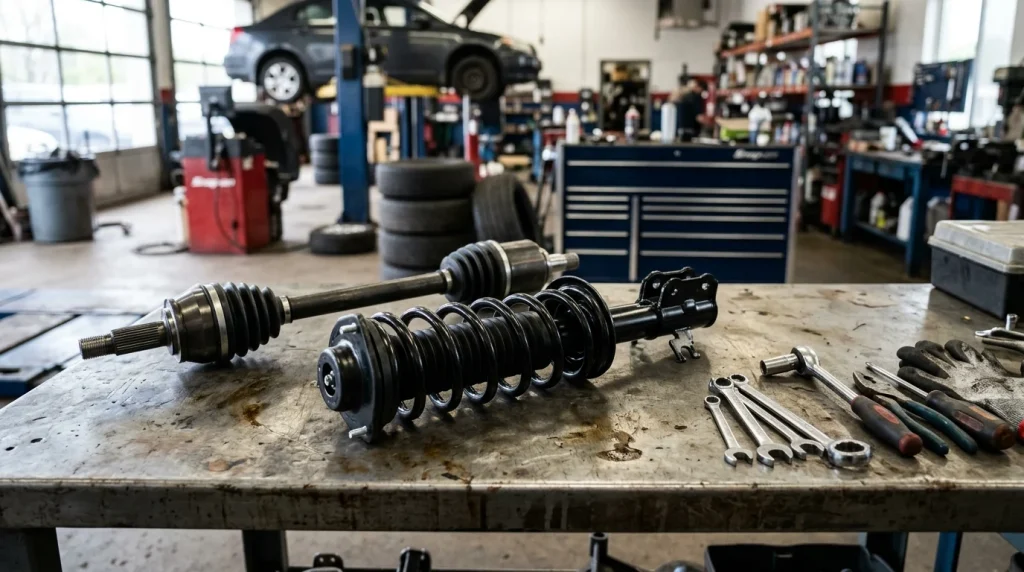 What Is GearUp? A 2026 Guide to Auto Parts and Service Plans 4 Aftermarket GearUp Auto Parts drivetrain hardware including a replacement CV axle and suspension strut.