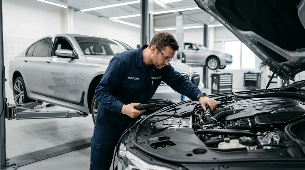 Automotive technician inspecting engine bay cooling components during a luxury vehicle maintenance inspection.