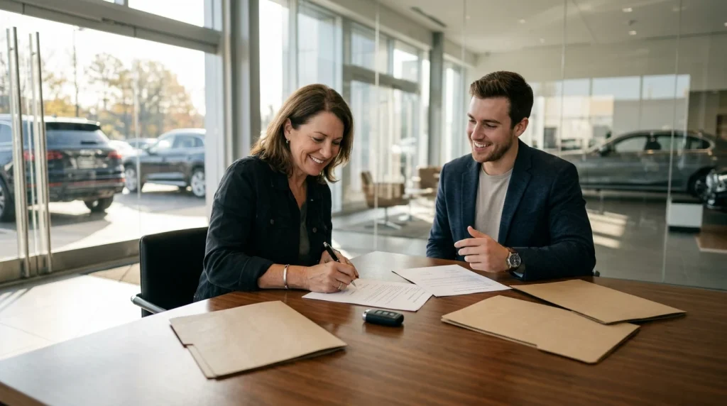 Luxury car ownership cost evaluation showing keys and financial documents on a dealership desk.