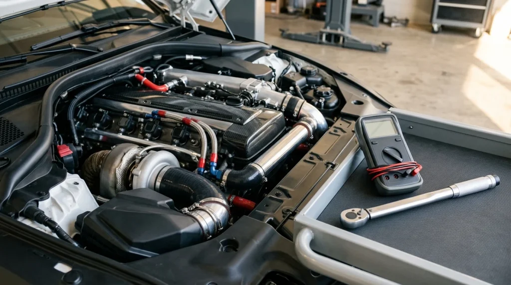 Detailed view of a modern luxury turbocharged inline engine bay during routine mechanical inspection
