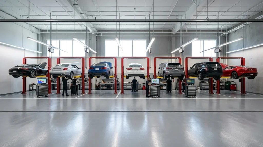 Authorized automotive dealership service department conducting scheduled maintenance and diagnostic testing