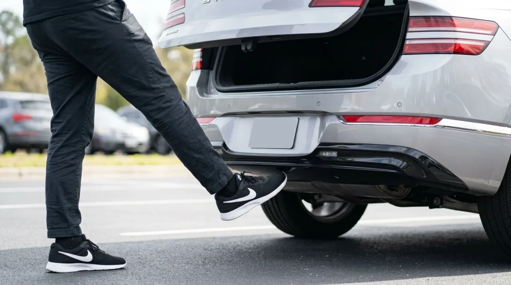 Hands-free trunk release foot kick gesture under the rear bumper of an Audi SUV.