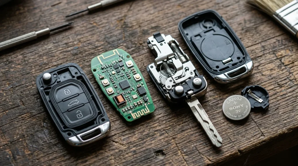 Replacing the CR2032 coin battery inside an opened Audi Advanced Key fob casing.