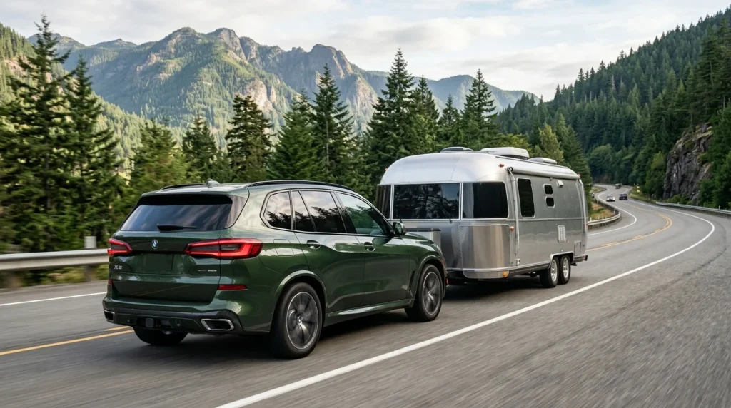 What Is the Difference Between a BMW X3 and X5? (2026) 4 Side profile view of a compact BMW X3 parked in front of a residential garage