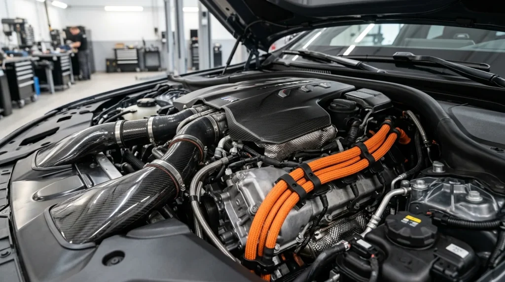 Detailed view of the twin-turbo V8 hybrid powertrain inside the engine bay of a 2026 BMW M5