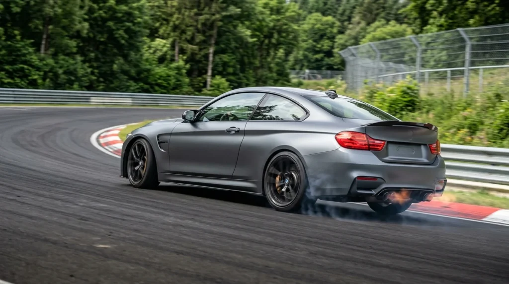A BMW M4 CSL coupe driving at high speed through a curved section of the Nürburgring race track