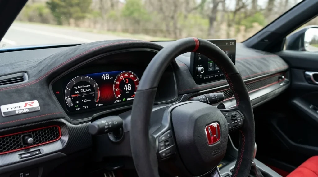 Digital gauge cluster of a Honda Civic Type R showing fuel economy and average mpg figures.