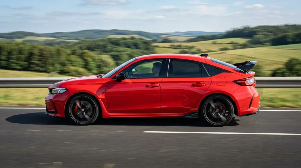 A red Honda Civic Type R cruising on a highway demonstrating real-world fuel economy and efficiency.