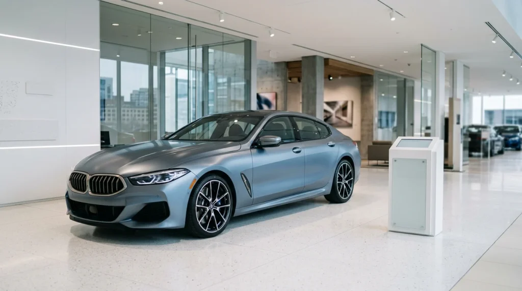 BMW 8 Series Gran Coupe displayed in a modern showroom gallery highlighting the BMW Group luxury brand structure