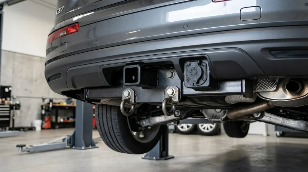 Close-up of the Audi Q7 factory integrated 2-inch trailer hitch receiver and 7-pin electrical connector