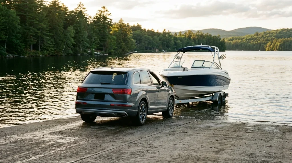 Audi Q7 backing a fiberglass recreational boat on a trailer down a boat launch ramp