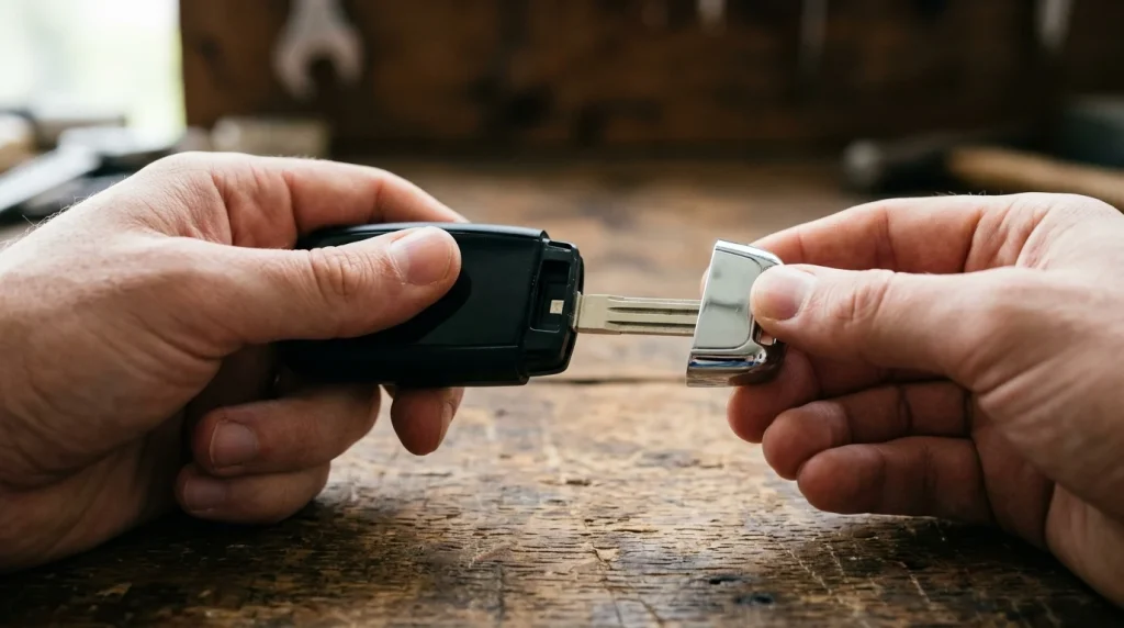 When Your Audi Key Battery Dies: 2026 Manual Backup Guide 4 Extracting the mechanical emergency key blade from an Audi key fob casing.