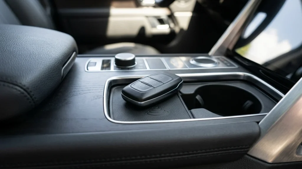When Your Audi Key Battery Dies: 2026 Manual Backup Guide 5 Placing an Audi key fob on the emergency transponder sensor symbol in the front cup holder.